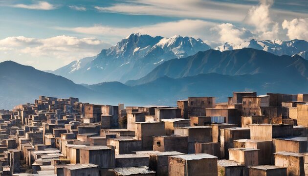 abstract future large favelas or slums and mountains environment background 3d render