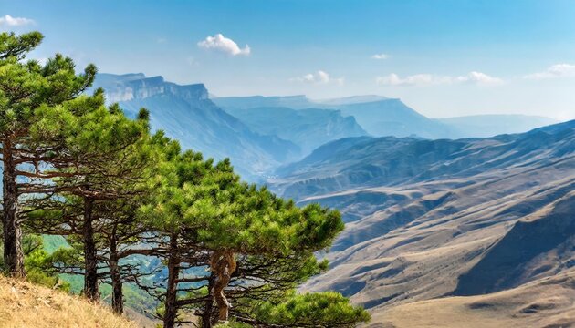 pines against the background of the mountain landscape of dagestan on a clear day