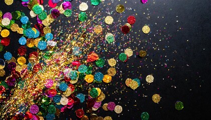 an artistic composition of colorful confetti bursts and glitter trails on a sleek black surface party happy new year merry christmas celebration vertically oriented