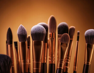 Macro photo of a set of professional makeup brushes