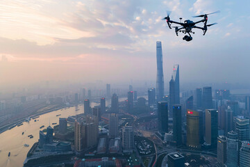 A drone flying over a sprawling metropolis