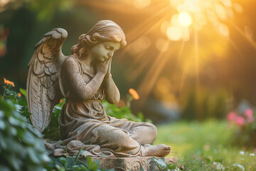 Statue of angel in garden at sunset - obrazy, fototapety, plakaty