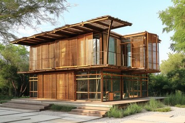 Obraz premium A House Made Out of Bamboo and Glass, Sustainable construction design using recycled materials for residential buildings, AI Generated