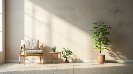 A white chair sits in front of a window, with a potted plant in the corner. The room is bright and airy, with sunlight streaming in through the window. The chair and plant create a sense of calm