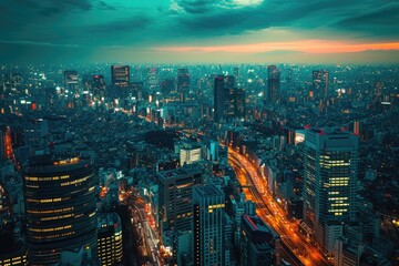 Fototapeta premium This photo showcases a breathtaking view of a city at night, captured from the top of a towering skyscraper, Sweeping view of a bustling city at dusk, AI Generated