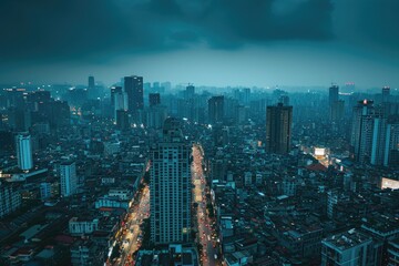 This photo captures an aerial view of a bustling city at night, showcasing the illuminated streets, buildings, and traffic below, Sweeping view of a bustling city at dusk, AI Generated