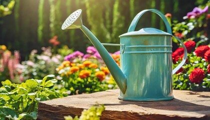 charming watering can in a vibrant garden