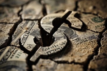 This close-up photograph captures the intricate details of a torn and damaged one-dollar bill, Symbol of dollar shrinking to show value depreciation, AI Generated