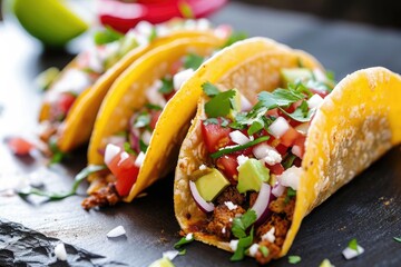 A photo featuring three tacos placed on a black plate, showcasing their delicious appearance, Tasty-looking tacos in bold, vibrant colors, AI Generated