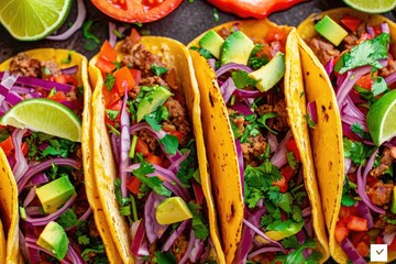 A close-up view of three mouth-watering tacos sitting on a table, Tasty-looking tacos in bold, vibrant colors, AI Generated