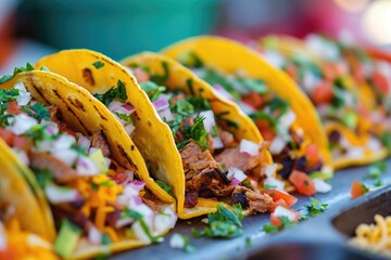A row of tacos neatly arranged on top of a metal tray, showcasing their vibrant colors and delicious ingredients, Tasty-looking tacos in bold, vibrant colors, AI Generated