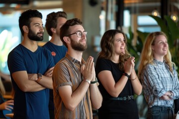 A diverse group of individuals standing side by side in a united formation, displaying camaraderie and teamwork, Team members giving a standing ovation during a presentation, AI Generated - obrazy, fototapety, plakaty
