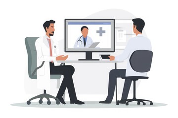 A doctor and a patient are shown sitting at a desk, engaged in a conversation while looking at a computer screen, Telemedicine consultation between a doctor and patient, AI Generated