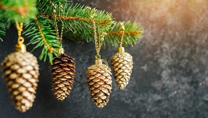christmas tree toys fir cones hanging on golden chains on fir branches on dark background