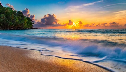beautiful sunrise over the tropical coast close up of a macro a picturesque colorful artistic image with a soft focus idyllic vacation background - obrazy, fototapety, plakaty