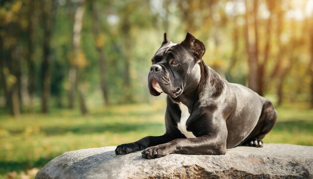 card with a huge dog on a grey stone in the sun in park cane corso in the role of lion king
