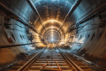 A train track stretches through a tunnel, with a train passing through, illuminated by overhead...