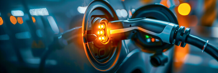 A close-up of a modern electric cars charging port, with a low battery indicator on. The photo represents the challenge of developing efficient, fast-charging solutions. - obrazy, fototapety, plakaty