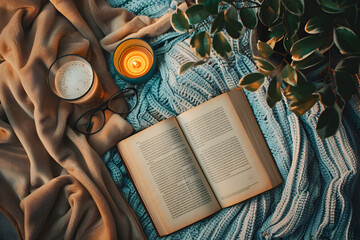 A top view of a summer reading nook with an open book, a pair of glasses, a refreshing drink, and a potted plant. - obrazy, fototapety, plakaty