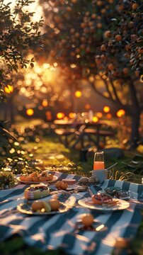 Outdoor picnic in garden at sunset Cosy, Picnik spring high quality AI generated image