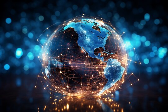 Fototapeta Best Internet Concept of global business. Globe, glowing lines on technological background. 3D illustration.