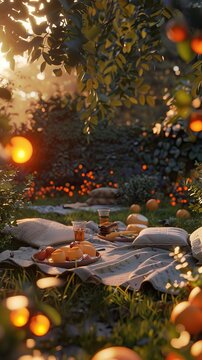 Outdoor picnic in garden at sunset Cosy, Picnik spring high quality AI generated image