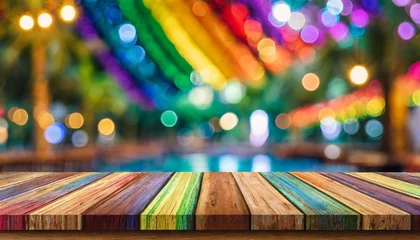 Foto op Canvas miami bar background with empty wooden table for product display indoor blurred background colorful rainbow color bokeh lights copy space lgbt pride rainbow flag symbol gays and lesbians lgbt l © Michelle