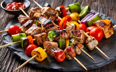Shishkabob skewered with grilled vegetables., photo, food recipes, vegan recipes, stock photos, stock images, stock food photos, life stock, ai, barb b q, recipes