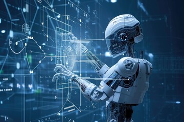 A robot reaches out to touch a digital screen, engaging in an interactive display, The integration of artificial intelligence (AI) in construction management, AI Generated