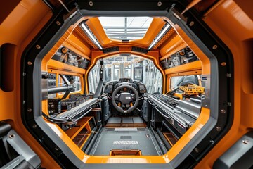 An inside view of a vehicle featuring distinct orange and black trim elements throughout, The interior of a renewable energy-powered construction vehicle, AI Generated - obrazy, fototapety, plakaty