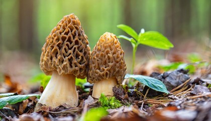 wild gourmet morel mushrooms growing in the spring forest - obrazy, fototapety, plakaty