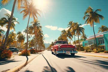 Palm trees along the promenade in Miami Beach, Florida. - obrazy, fototapety, plakaty