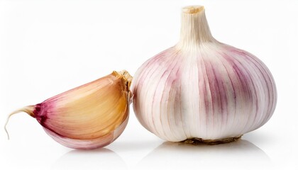 a whole fresh garlic head and clove segment isolated against a transparent background
