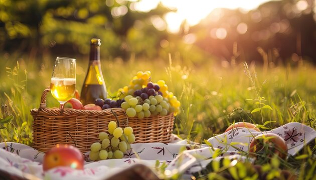 Photography romantic picnic blanket with fruits and vine, Picnic in spring high quality AI generated image
