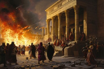 A group of individuals standing together surrounding a fire, engaging in conversation and warmth, The Maccabees reclaiming the Holy Temple, AI Generated
