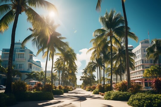 Palm trees along the promenade in Miami Beach, Florida.