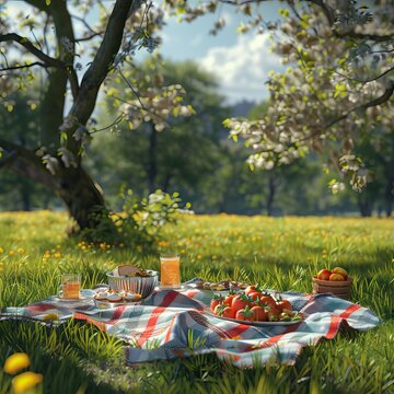 Picnic on the grass spring season photorealistic, Picnic high quality AI generated image