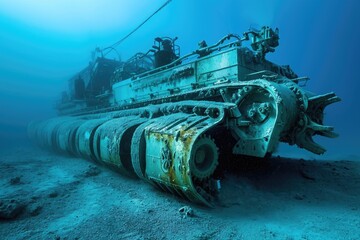 A photo of a massive tank resting on the sandy ocean floor, The machinery and technologies used in underwater construction, AI Generated
