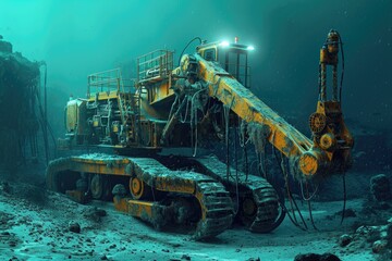 A colossal machine dominates the vast ocean, capturing attention with its massive presence, The machinery and technologies used in underwater construction, AI Generated - obrazy, fototapety, plakaty