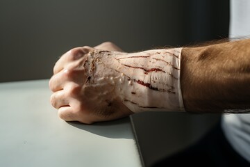 Man with bloody wound on hand on dark background, closeup. Bandage