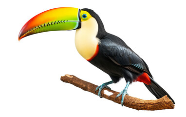 A colorful toucan sits gracefully on a branch against a white background