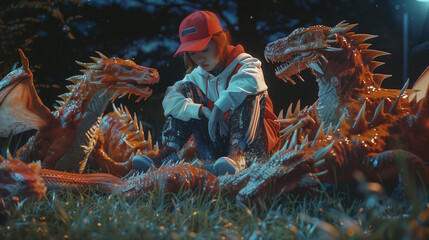 
A young Asian girl wearing a red baseball cap and white jacket sits on the grass surrounded by dragons, during nighttime, creating a magical atmosphere. - obrazy, fototapety, plakaty