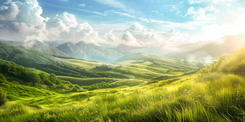 landscape grass in the summer. Sunny desktop setup concept for wallpaper 