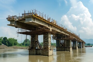 A photograph of a massive bridge spanning a body of water, showing its remarkable architecture and scale, The process of building a bridge using modular construction technology, AI Generated - Powered by Adobe