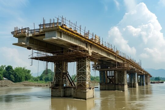 A photograph of a massive bridge spanning a body of water, showing its remarkable architecture and scale, The process of building a bridge using modular construction technology, AI Generated