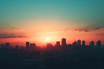 The sun is setting, casting a warm golden glow over a bustling city with tall buildings, creating a stunning urban skyline, The silhouette of a city skyline during sunset, AI Generated