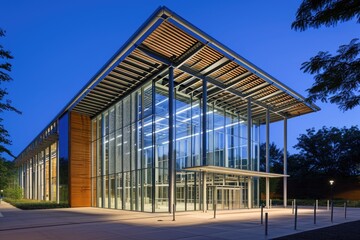 Fototapeta premium A tall glass building with numerous windows, showcasing its modern architectural design, The use of lightweight, high-strength materials in modern building design, AI Generated