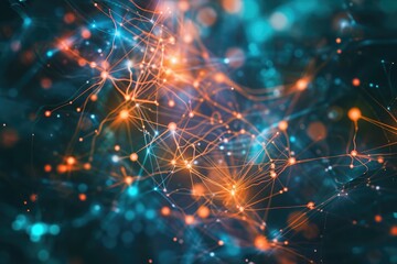 This photo showcases a brightly colored backdrop in shades of blue and orange, adorned with numerous illuminated lights, The vast interconnected web of neural networks, AI Generated