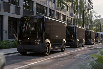 A convoy of electric delivery vans navigating urban