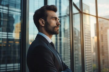 A well-dressed man wearing a suit stands confidently in front of a large window, Thoughtful businessman looking outside the window of a high-rise office, AI Generated